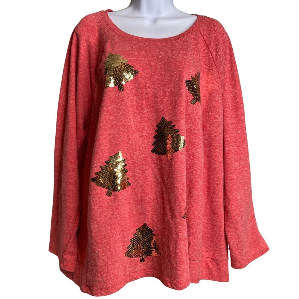 Holiday Time Womens Red Sequin Christmas Tree Sweatshirt Sz 2X‎ Festive Xmas